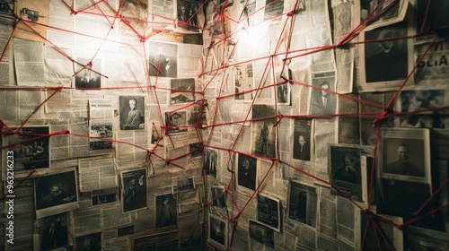 Chaos of a serial killer's lair with wall clippings and connecting threads in dim light