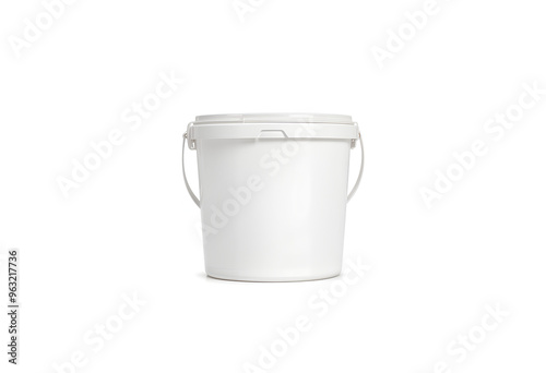 Blank white paint bucket mockup isolated, front view, 3d rendering. Empty package for ice cream or yogurt mock up. Clear sealed container with lid for housework template.