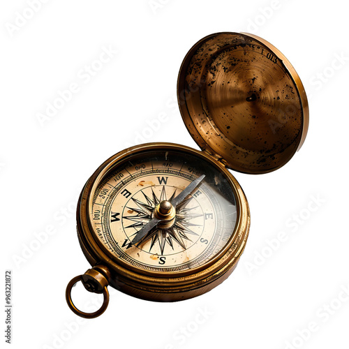 Old compass with a rustic brass cover, for navigating through life's journey and finding one's direction, isolated on transparent background PNG