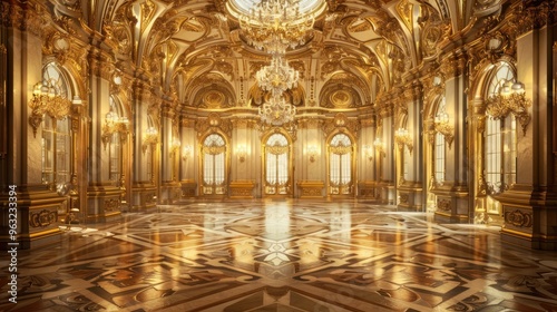 A classic painting of a grand ballroom with gleaming gold walls adorned with ornate moldings and intricate carvings.