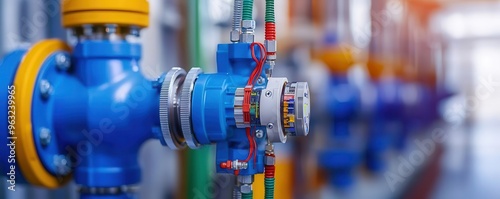 A macro shot of a solenoid valve connected to an industrial pipeline