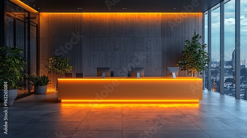 A minimalist reception desk with warm lighting, set in a contemporary office space.