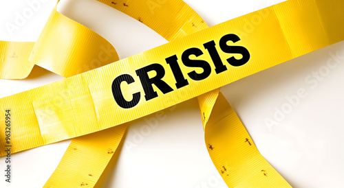 Yellow tape with the word "crisis" written on it, representing financial crisis and economic downfall