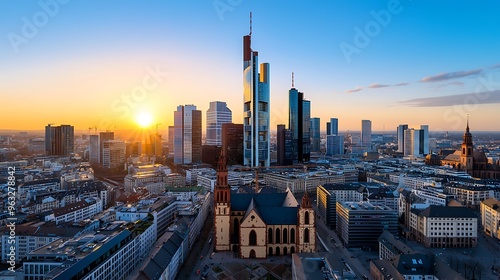 Frankfurt�s skyline glows at sunset, with skyscrapers and a church defining the cityscape.