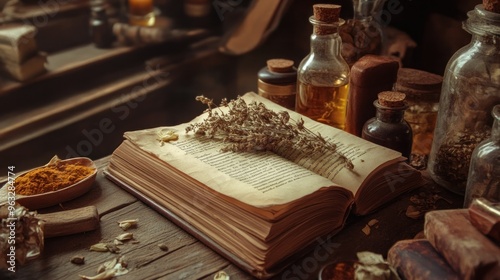 An Open Book with Dried Herbs, Bottles, and Spices on a Wooden Table