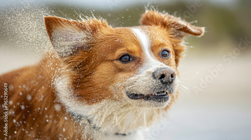 Happy Dog Shaking Off Sand At Beach. A Playful Canine Enjoying A Day At The Shore, Shaking Off The Sand With A Joyful Expression.