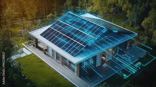 Solar-panel-covered roof of a high-tech home with real-time energy data visualized in a digital display, blending innovation with sustainability.