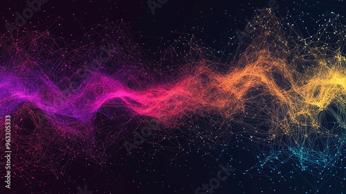 Abstract background with colorful, glowing waves and lines of dots, lines, and connections on a dark, starry sky