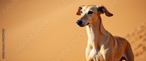 Elegant Whippet with Alert Expression Posing Against Warm Golden Background with Copy Space