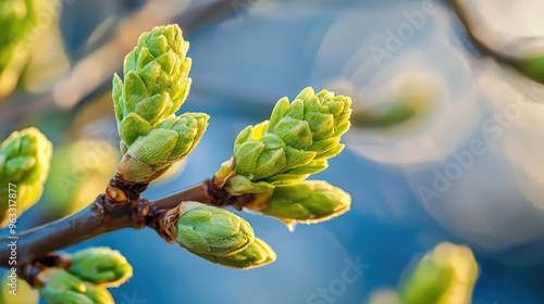 A close-up of young green buds on a tree branch, just beginning to open as spring arrives.