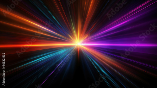 Cosmic Burst: A vibrant abstract light explosion radiates from a central point, radiating a symphony of colors against a dark background, creating an ethereal, energetic, and captivating visual experi