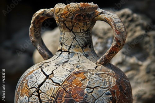 Closeup of a cracked amphora with leaf decorations, showing the wear and tear of time on this ancient artifact