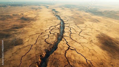 An aerial perspective of a cracked, arid valley where a river once flowed, now resembling a network of scars crisscrossing a barren plain.