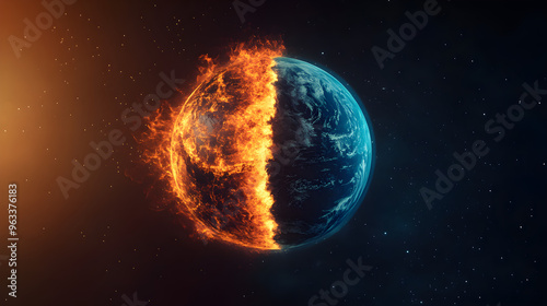 A digital representation of Earth with one half engulfed in flames while the other remains lush and blue illustrating the contrast between destruction and preservation