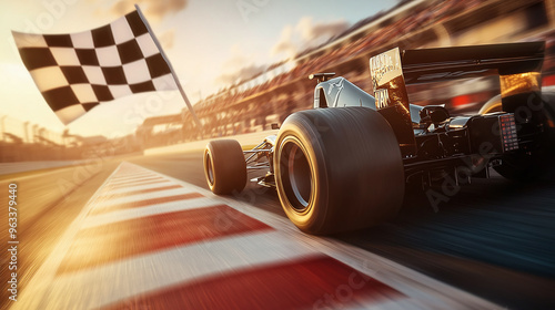 Formula One car crossing the finish line with a checkered flag, motion blur