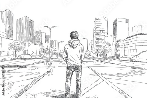 A solitary figure stands at a crossroads, facing the urban sprawl, a silent testament to the choices life presents.