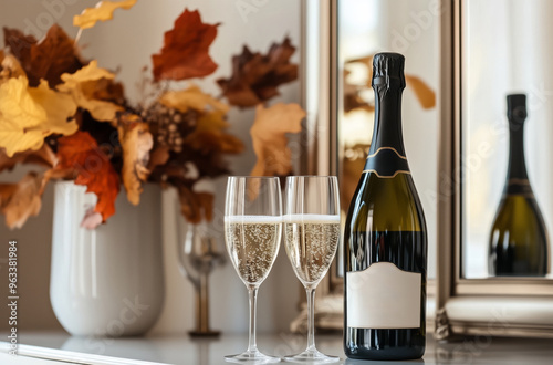 Sparkling wine in bottle and glasses on a table in a living room with modern design