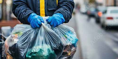 A garbage man wearing blue gloves carries bags of garbage, emphasizing the task of removing waste and cleaning the streets.