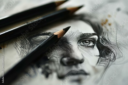 Black and white graphite pencils laying on top of a portrait sketch on paper drawn by an artist