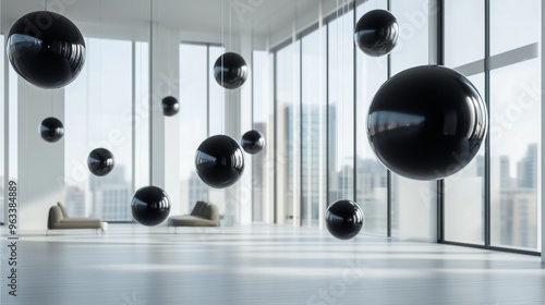 A conceptual image of black balloons floating in a minimalist, modern room with large windows that allow natural light to flood in. The room is neutral tone