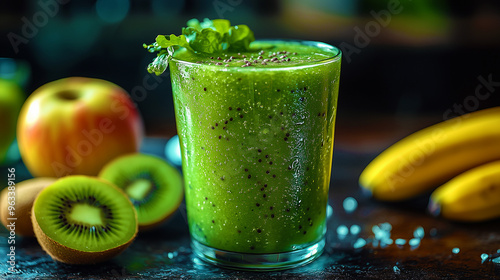 Un smoothie vert au kiwi, frais et sain, est servi dans un verre. Juteux et mûr, ce cocktail vitaminé est parfait pour un régime équilibré, offrant une touche de fraîcheur et de saveur organique.