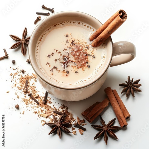 Freshly brewed chai tea, white background, spiced beverage