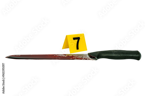 forensic concept - knife in blood and evidence marker at crime scene. on transparent background