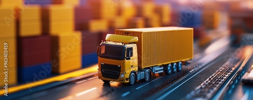 A vibrant yellow truck on a shipping dock surrounded by colorful containers, capturing the essence of logistics and transport.