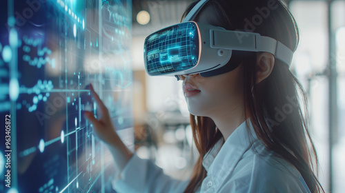 School student with VR headset using AI artificial intelligence technology & machine learning.Interactive technology in classroom. Innovation & smart tech. AI blue hologram in education generative ai 