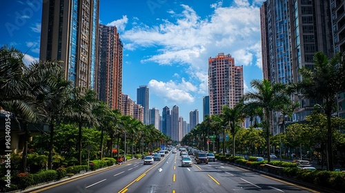 central roadway, tall buildings are on street