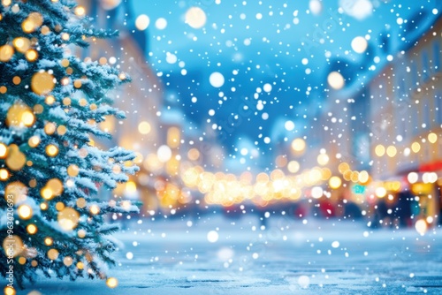 Snowfall on a European town square with colorful historic buildings and a large Christmas tree glowing with lights.