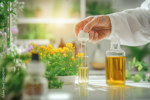 A scientist in a lab coat carefully drops liquid from a dropper into a glass tube, surrounded by plants and bottles of oil.