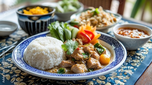 A beautifully arranged Thai meal with pad kra pao, sweet and sour pork, and a side of steamed jasmine rice, set on a traditional Thai tablecloth