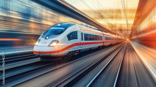 A sleek high-speed train speeding along a modern rail track, with a blurred background showcasing its rapid movement and aerodynamic design.