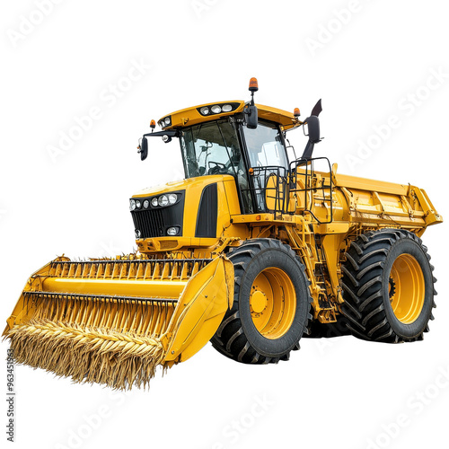 A yellow tractor with a large bucket on the back. The tractor is parked on a white background