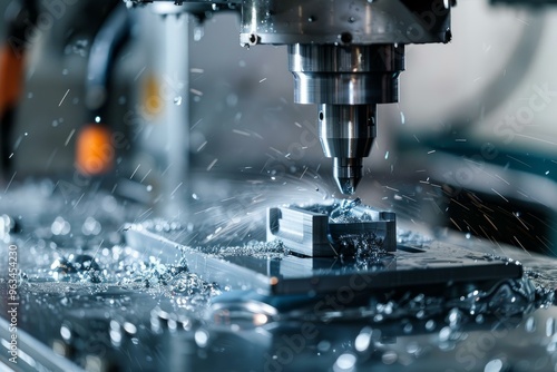 Cnc milling machine is creating a metal detail with a water cooling system splashing water drops around