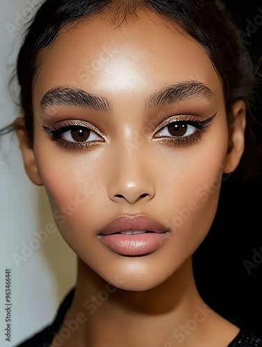 A woman with a black top and gold makeup