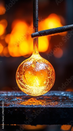 Glass blower forming hot piece of glass with wooden tool. Traditional glass crafter works with burning and blowing an art piece. Hand made glass studio