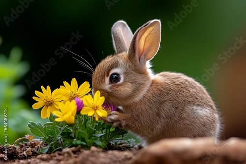 Rabbit munching on wildflowers, colorful petals scattered around as it enjoys a feast of natureâ€™s beauty