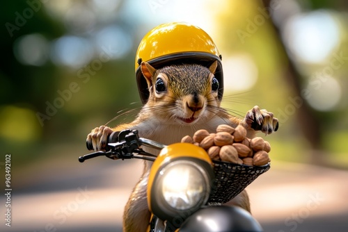 Squirrel on a tiny scooter, weaving between trees with incredible speed, nuts packed in the sidecar for the ride