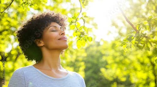 Relaxed Calm African American Woman Taking Break Breathing Fresh Air Outside Nature Mental Health