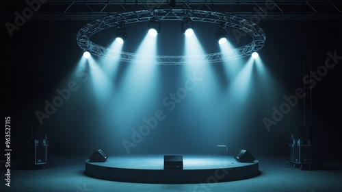 A stage setup with a circular lighting rig and spotlights illuminating an empty stage. The stage is ready for a concert, performance, or special event. This image is ideal for promotional materials, e