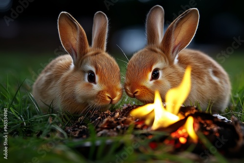 Rabbits hopping near the camp, nibbling on grass under the cover of darkness, undisturbed by the glowing fire