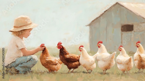 A young child with a hat kneels in a field, petting a group of chickens near a rustic barn. Natural, playful outdoor farm scene.