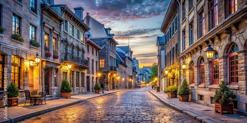 Charming old town Montreal with famous cobbled streets illuminated at twilight