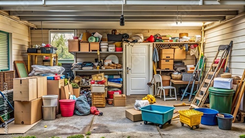 A cluttered corner of a suburban garage filled with miscellaneous household junk including old furniture cardboard boxes discarded toys and broken appliances creating an asymmetrical mess