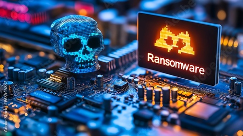 ransomware attack, all disk with crypt key, disaster , text banner with "Ransomware"