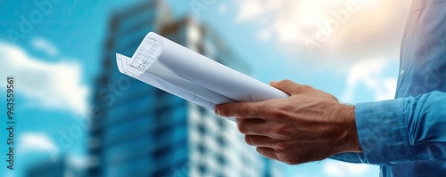 A person holds blueprints outside a modern building, symbolizing construction and architectural planning.