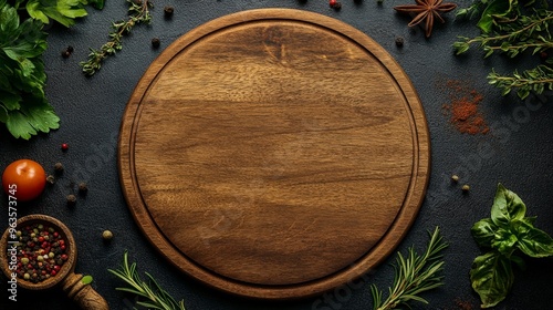 Top view of a wooden round board with a dark background and herbs and spices around it, intended as a menu design banner in photo stock style