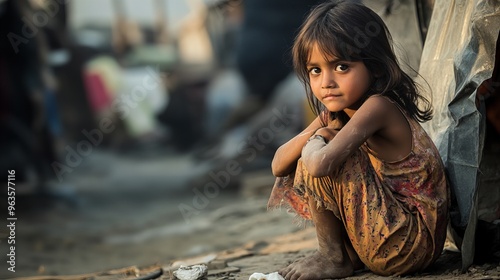 homeless child sitting in the street, concept of poverty and suffering